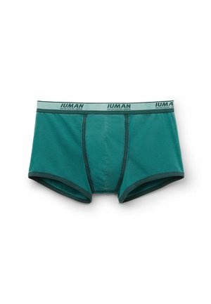 Turkusowe męskie bokserki z ciemnozielonym wykończeniem i jasn zielonym pasem, z logo "Iuman Intimissimi Uomo".