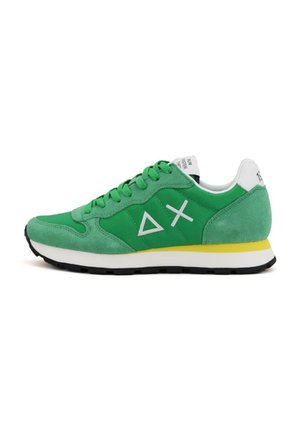 Green sneakers with suede and fabric upper, white accents, yellow midsole, and geometric logo on the side. Black rubber outsole for grip.