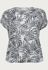Top a maniche corte con un motivo foglia navy e bianco su tessuto leggero. Collo rotondo e vestibilità comoda.