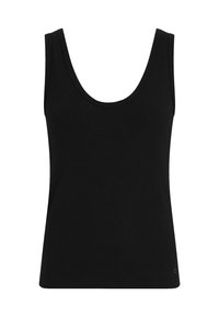 Canotta nera a coste con scollatura a forma di U e spalline larghe. Realizzata in un tessuto liscio con una silhouette aderente e dettagli minimi.