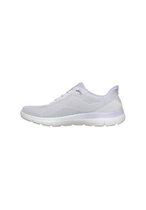 Light gray athletic sneaker with breathable mesh upper, lace-up closure, cushioned sole, and flexible outsole viewed from the side.