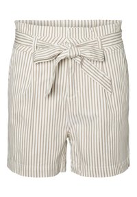 Béžové a bílé vertikálně pruhované šortky s vysokým pasem, s látkovým páskem uvázaným do mašle vpředu a poutky na pásek.
