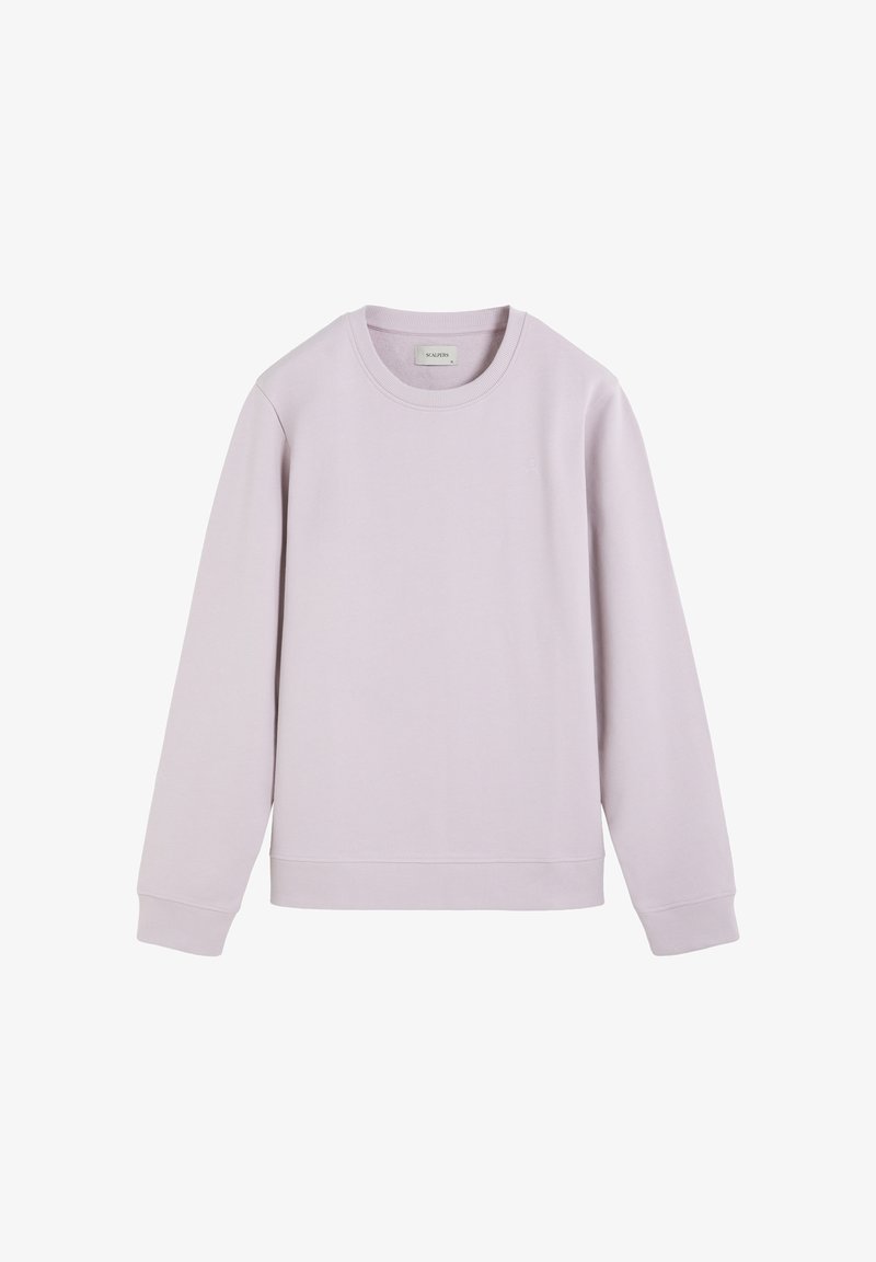 Sweat-shirt violet clair à col rond avec manches longues et poignets, ourlet et encolure côtelés, présenté sur un fond blanc.