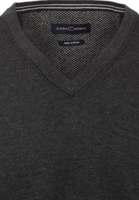Maglione in cotone grigio scuro a V con scollatura a costine e colletto interno con motivo. Texture morbida con maglia uniforme in tutto il capo.