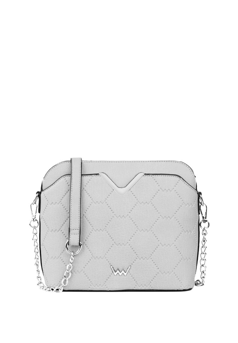 Grey quilted crossbody bag with a chain strap, featuring a V-shaped accent and textured surface in a rectangular shape.