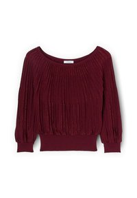 Bordeauxrode trui met verticale geribbelde textuur, brede halslijn en opgepofte mouwen. Voorzien van een aansluitende zoom en een subtiel glanseffect.
