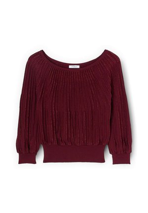 Bordeauxroter Pullover mit vertikaler Rippstruktur, weitem Ausschnitt und puffigen Ärmeln. Verfügt über einen taillierten Saum und einen leichten Schimmereffekt.