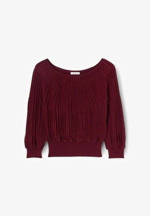 Bordeauxroter Pullover mit vertikaler Rippstruktur, weitem Ausschnitt und puffigen Ärmeln. Verfügt über einen taillierten Saum und einen leichten Schimmereffekt.