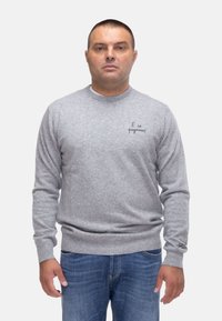 Maglione grigio a maglia con collo rotondo, caratterizzato da testo ricamato sul lato sinistro del petto e polsini e orlo a coste. Indossato con jeans blu.