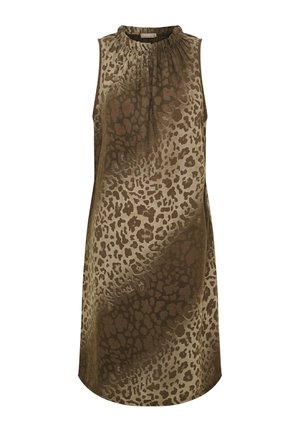 Ærmeløs knælængde kjole med høj flæset krave og brun leopardprint på lysebrunt stof.