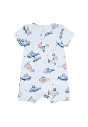 Tutina per neonato a maniche corte con motivi di sottomarini blu, grigi e arancioni e bottoni a pressione frontali su tessuto azzurro chiaro.