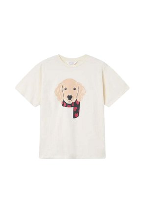 Camiseta de algodón color crema con un gráfico de la cabeza de un golden retriever con una bufanda negra adornada con corazones rojos. Manga corta, corte relajado.