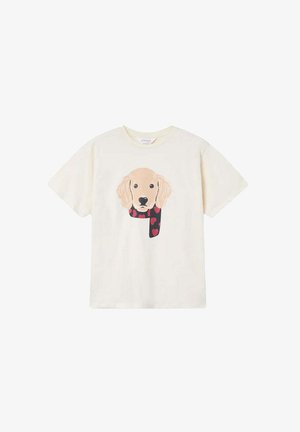 Camiseta de algodón color crema con un gráfico de la cabeza de un golden retriever con una bufanda negra adornada con corazones rojos. Manga corta, corte relajado.