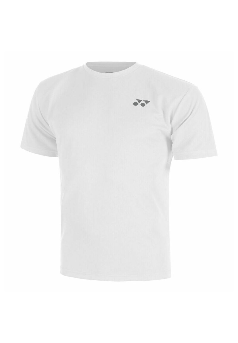 Weißes Baumwoll-T-Shirt mit kurzen Ärmeln. Verfügt über ein kleines graues Logo auf der linken Brust. Klassisches Rundhals-Design mit regulärer Passform.
