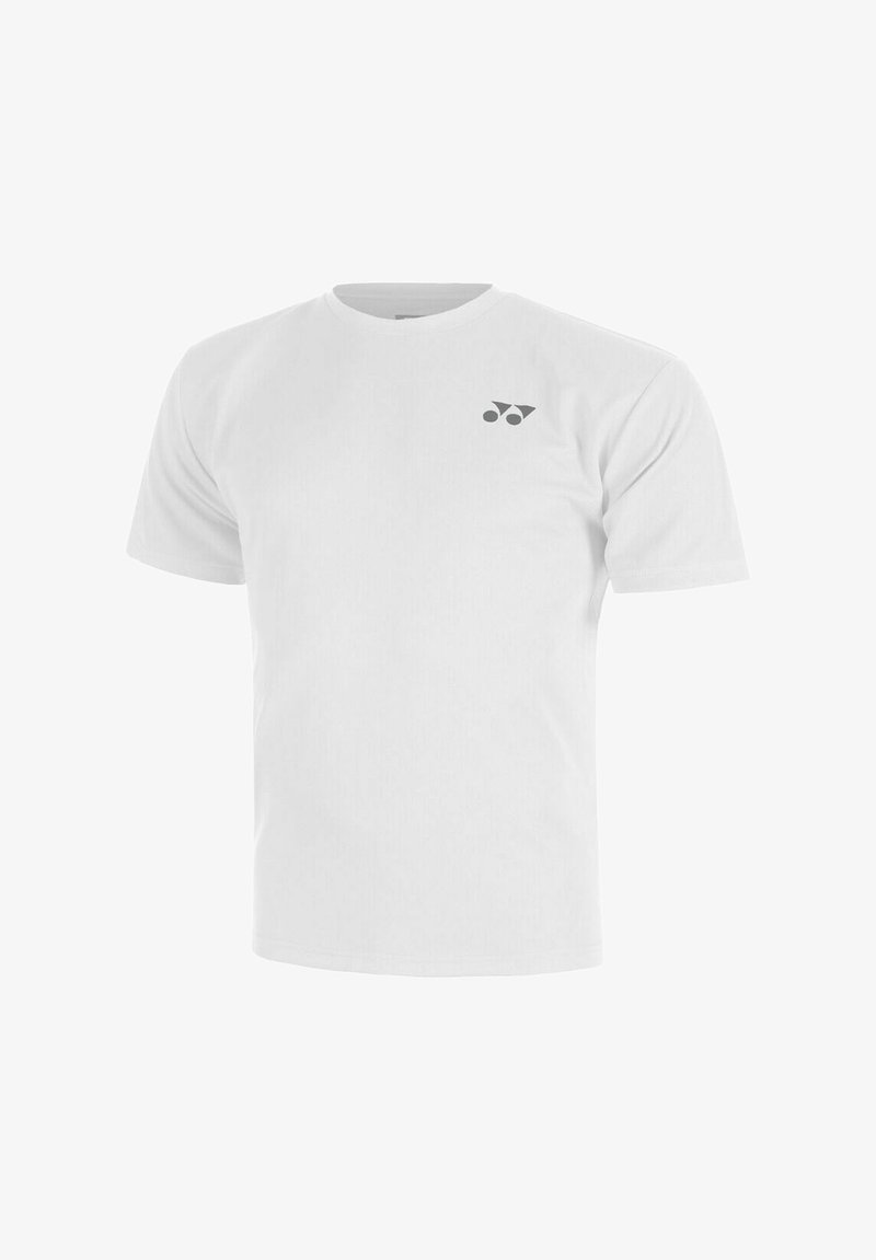 Weißes Baumwoll-T-Shirt mit kurzen Ärmeln. Verfügt über ein kleines graues Logo auf der linken Brust. Klassisches Rundhals-Design mit regulärer Passform.