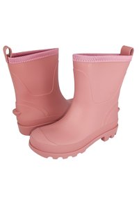 Bottes de pluie en caoutchouc rose avec une finition lisse, semelle texturée pour une meilleure adhérence, et un contour rose contrastant en haut. Comprend deux accents de tirette.