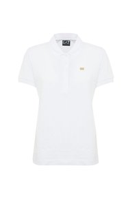Polo bianco in cotone. Presenta un colletto classico, maniche corte, una patta con tre bottoni e un piccolo logo dorato sul petto.