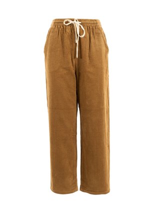 Corduroy broek in een warme bruine kleur, met een ontspannen pasvorm, elastische tailleband met een trekkoord en zichtbare geribbelde textuur.