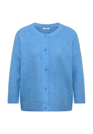 Cárdigan azul de punto con cuello redondo, que presenta una apertura frontal con botones, textura acanalada y mangas tres cuartos.