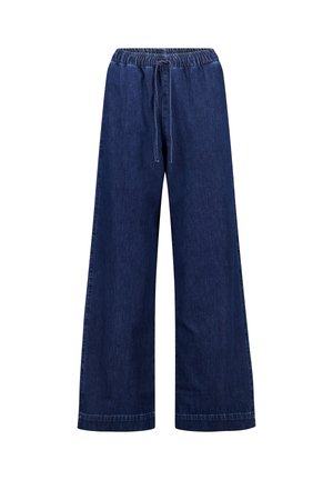 Denim wide-leg pants in dark blue with an elastic waistband and drawstring, featuring a relaxed fit and straight legs.