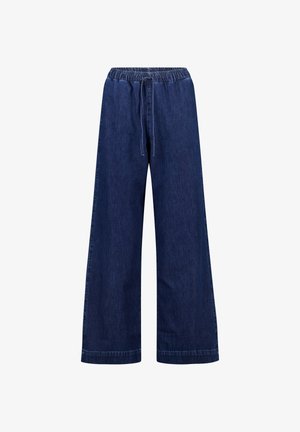 Denim wide-leg pants in dark blue with an elastic waistband and drawstring, featuring a relaxed fit and straight legs.