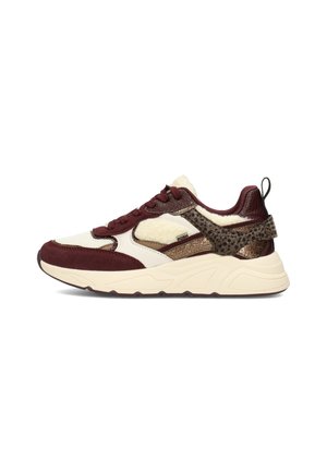 Low-top sneaker with cream sole, maroon suede and mesh, metallic bronze accents, shearling panels, and textured pull tab on white background.