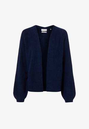 Donkerblauwe open voorkant gebreide cardigan met lange ballonmouwen en een zachte, pluizige textuur.
