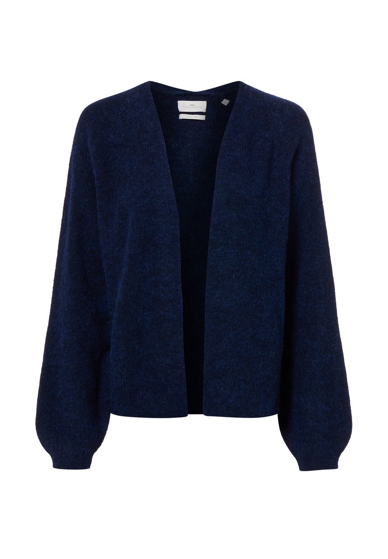 Donkerblauwe open voorkant gebreide cardigan met lange ballonmouwen en een zachte, pluizige textuur.