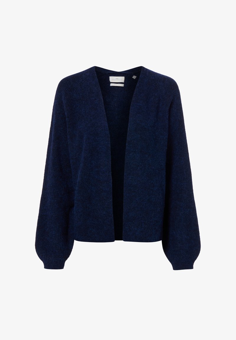 Donkerblauwe open voorkant gebreide cardigan met lange ballonmouwen en een zachte, pluizige textuur.