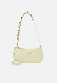 Yellow textured leather handbag with a curved shape, gold-tone chain strap, and a small adjustable shoulder strap. "Valentino" logo is visible.