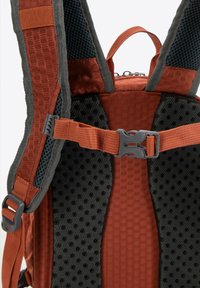 Red textured fabric backpack straps with black mesh padding, adjustable clips, and grey accents. Features breathable material for comfort.