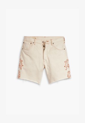 Beige denim shorts with a frayed hem. Features orange embroidery and metal button accents. Classic five-pocket design.