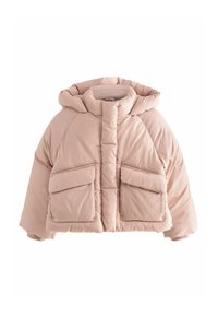 Helle rosa, kurz geschnittene Pufferjacke mit Kapuze, verfügt über zwei Fronttaschen und ein quilted Design. Weiche, glatte Textur mit einer figurbetonten Silhouette.