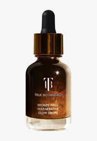 Szklana butelka z zakraplaczem, zawierająca ciemnobrązowy płyn, ze złotą nakrętką i białym napisem. Zawiera regeneracyjne krople glow od True Botanicals.