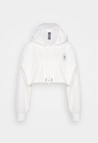 Sudadera blanca corta de tejido suave, con cremallera frontal y cordones, y un logotipo circular en el área del pecho izquierdo.
