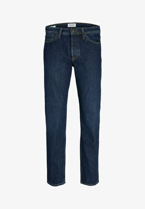 Tumši zili džinsi ar taisnu kāju dizainu, kas piedāvā klasisko piecu kabatu stilu un redzamu metāla pogu aizdari jostasvietā.