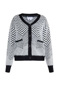 Cardigan a zigzag bianco e nero con scollatura a V, chiusura con bottoni e due tasche frontali. Texture morbida con polsini e orlo a coste.