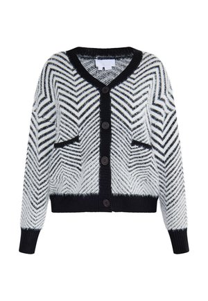 Cardigan a zigzag bianco e nero con scollatura a V, chiusura con bottoni e due tasche frontali. Texture morbida con polsini e orlo a coste.