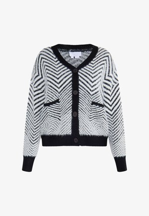Cardigan a zigzag bianco e nero con scollatura a V, chiusura con bottoni e due tasche frontali. Texture morbida con polsini e orlo a coste.