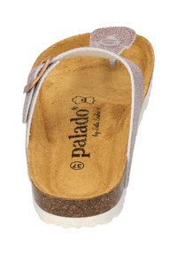 Light pink glittery slip-on sandal with a cork footbed and tan suede insole. Features a white outsole and metal accent on the strap.