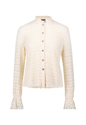 Lace blouse in gebroken wit met een hoge gerimpelde kraag, knopenverschluss, lange mouwen en uitlopende manchetten. Heeft een bloemenpatroon over het hele kledingstuk.