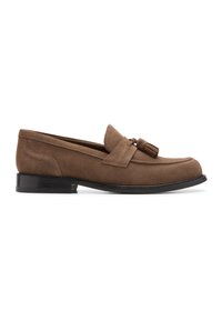 Brown suede loafers with a decorative tassel detail, a rounded toe, and a low black rubber heel. Minimal stitching accents.
