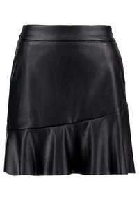 Schwarzer Lederrock mit asymmetrischem Schnitt und ausgestelltem Saum, der eine glatte Textur und einen taillierten Bund aufweist.