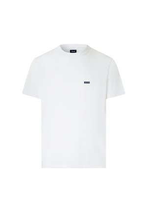 Witte korte mouwen t-shirt met ronde hals, voorzien van een borstzak aan de linkerkant en een klein merklabel in marineblauw. Zachte katoenmateriaal.