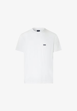 Witte korte mouwen t-shirt met ronde hals, voorzien van een borstzak aan de linkerkant en een klein merklabel in marineblauw. Zachte katoenmateriaal.