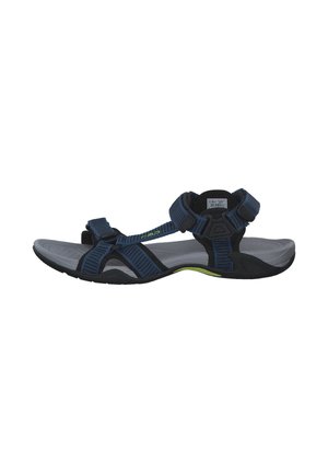 Navy blue sport sandals with black accents, adjustable straps, and a textured gray insole. Lightweight rubber sole with green detailing.