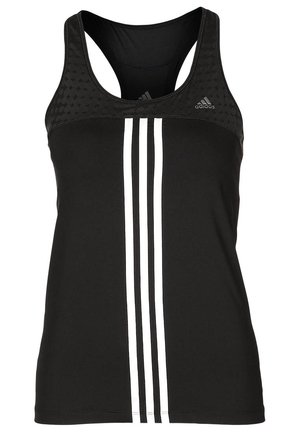 Czarny bezrękawnik sportowy Adidas z racerbackiem, trzema pionowymi białymi paskami z przodu i małym logo Adidas na piersi.