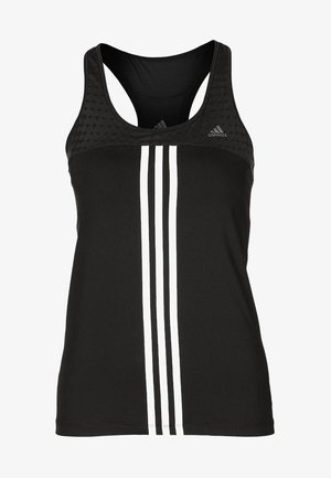 Czarny bezrękawnik sportowy Adidas z racerbackiem, trzema pionowymi białymi paskami z przodu i małym logo Adidas na piersi.