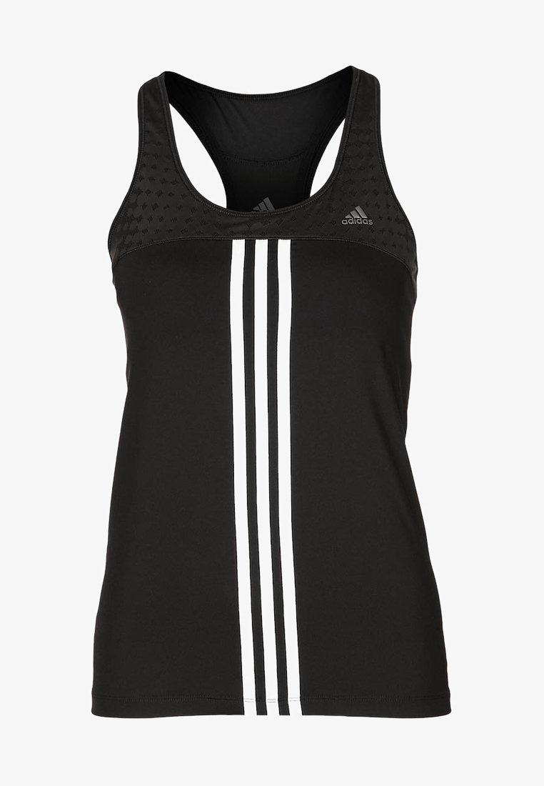 Débardeur de sport noir Adidas sans manches avec dos nageur, trois bandes blanches verticales sur le devant, et petit logo Adidas sur la poitrine.