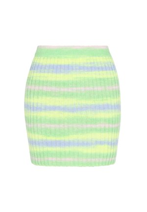 Mini spódnica z prążkowanej tkaniny, w poziome paski w kolorach zielonym, żółtym i niebieskim, w delikatnej pastelowej palecie kolorów oraz dopasowanym pasie.